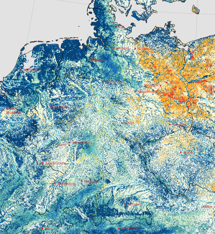 Teaser ParFlow Deutschlandvorhsersage, Snapshot Sickerwasserrate während Spin-Up